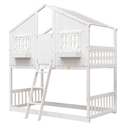 BOVZA Twin House Bunk Bed with Roof - White