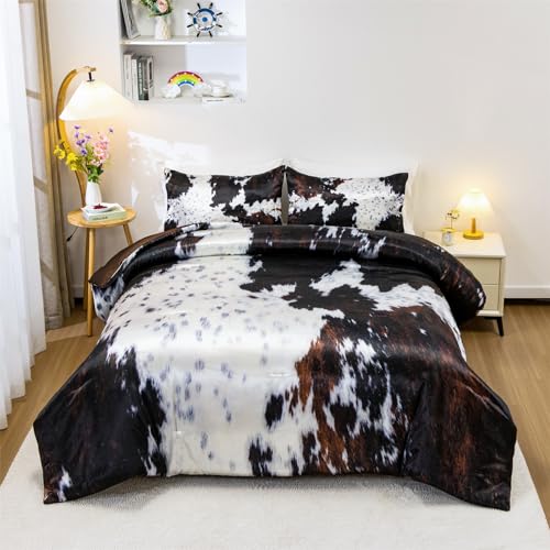 Brown Cow Print Satin Comforter Set with Pillows