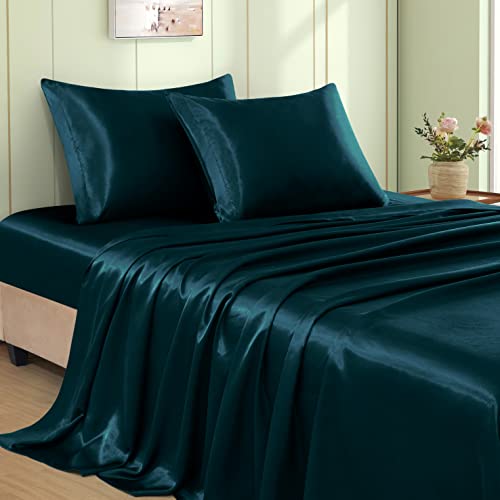 Dark Teal Satin King Size Bed Set, 4pcs