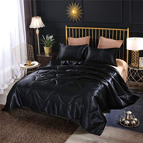 Luxury Black Satin King Comforter Set with Pillows