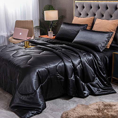 Luxury Silk Queen Comforter Bed Set, 5 Pieces