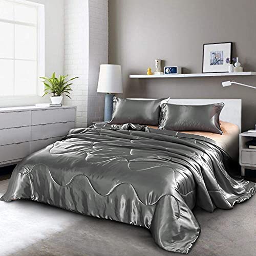 Luxury Grey Satin Silk Quilt Set - Cal King