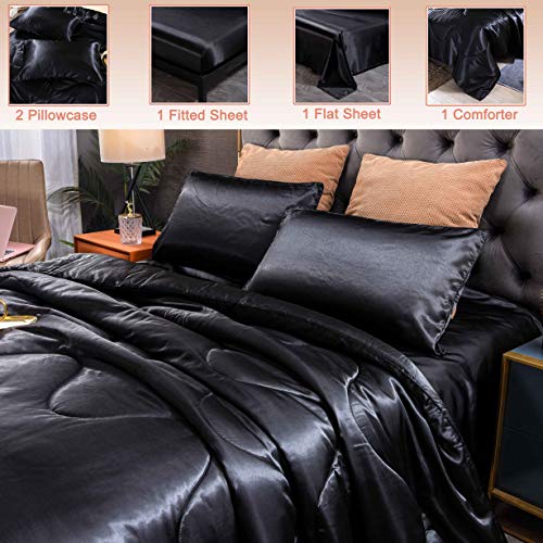 Luxury Silk Queen Comforter Bed Set, 5 Pieces