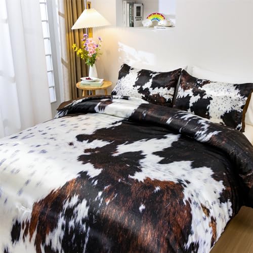 Brown Cow Print Satin Comforter Set with Pillows