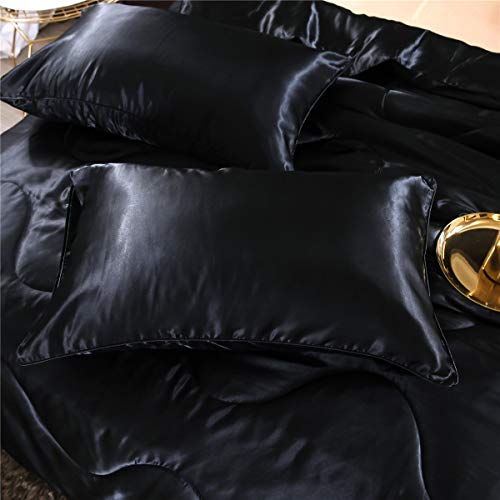 Luxury Black Satin King Comforter Set with Pillows