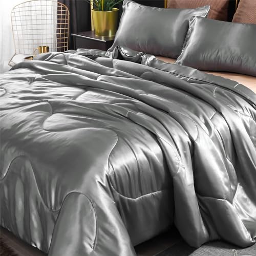 Luxury Grey Satin Silk Quilt Set - Cal King