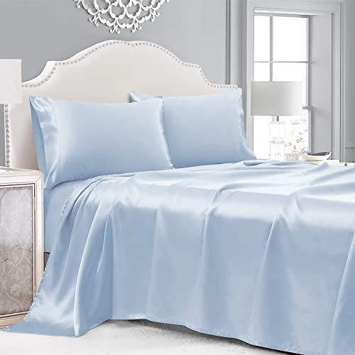 Luxury Light Blue Satin Queen Bed Set