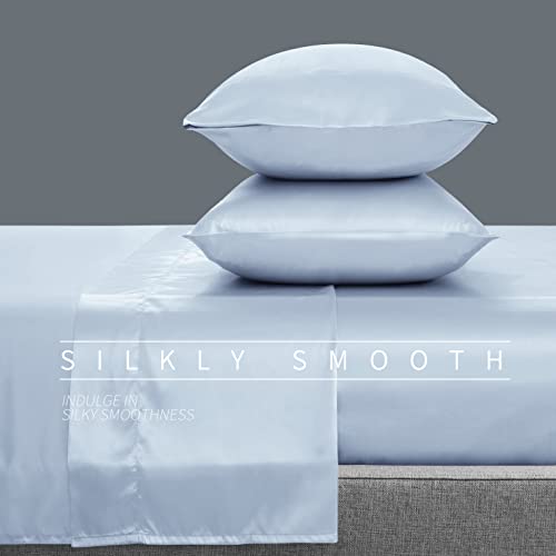Luxury Light Blue Satin Queen Bed Set