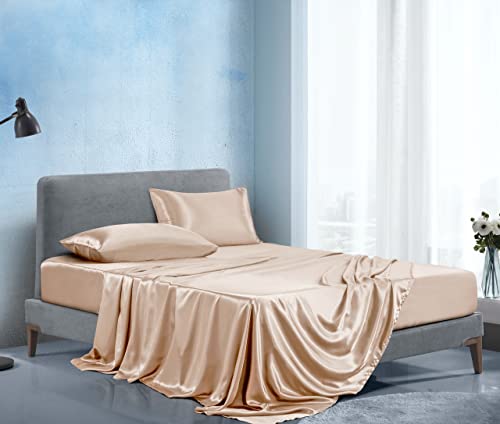 Luxurious Beige Satin Queen Sheet Set - 4 Pieces