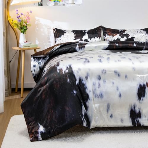 Brown Cow Print Satin Comforter Set with Pillows