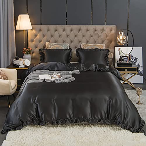 Luxury Black Satin Duvet Cover Set with Ruffles
