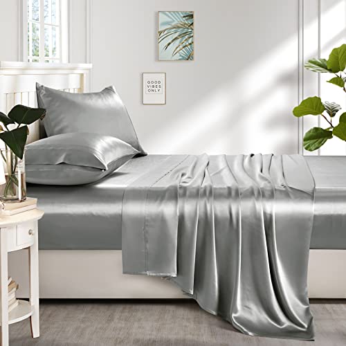 Silk Satin Queen Bed Sheet Set - Light Gray