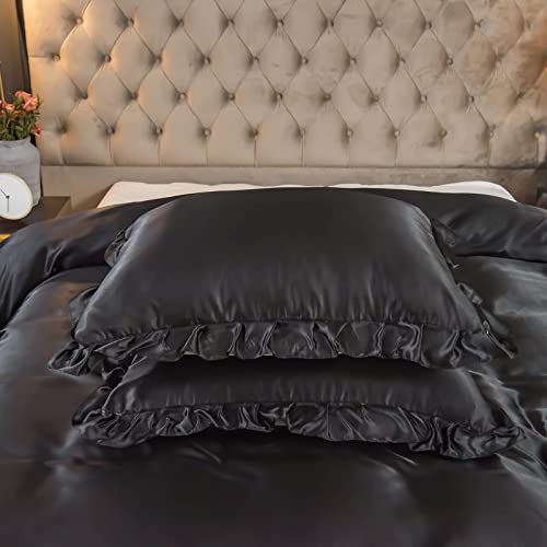 Luxury Black Satin Duvet Cover Set with Ruffles
