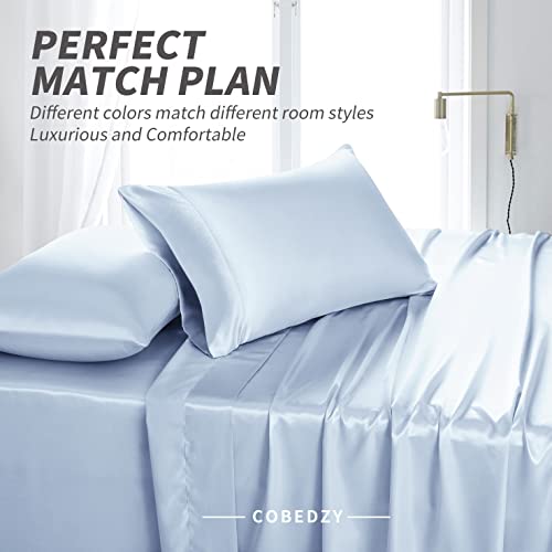 Luxury Light Blue Satin Queen Bed Set