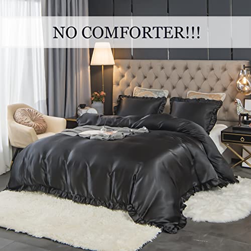 Luxury Black Satin Duvet Cover Set with Ruffles