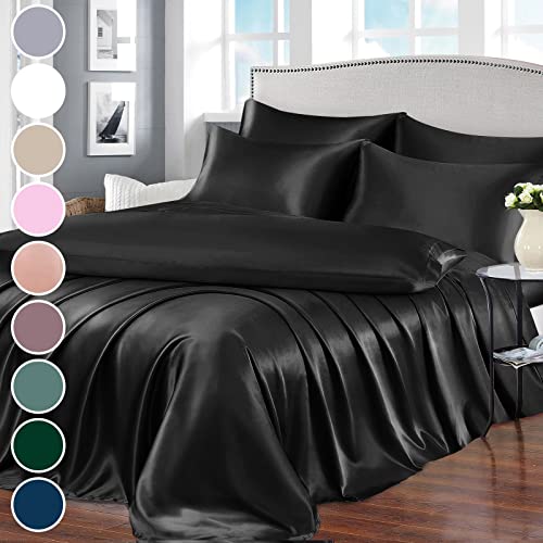 Luxury 7-Piece Black Satin Queen Bed Set
