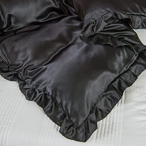 Luxury Black Satin Duvet Cover Set with Ruffles