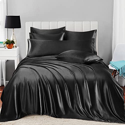 Luxury 7-Piece Black Satin Queen Bed Set