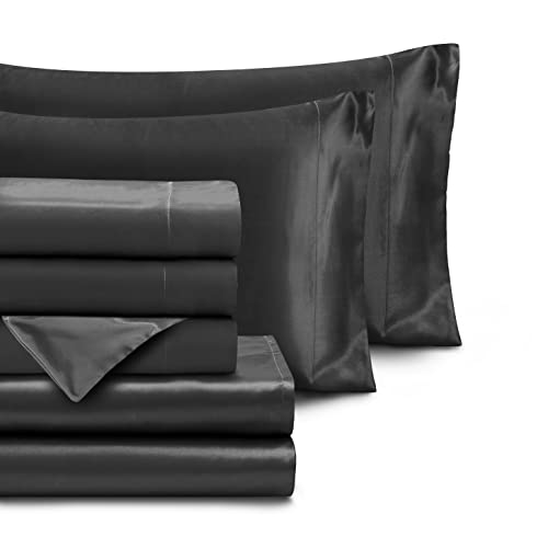 Luxury 7-Piece Black Satin Queen Bed Set