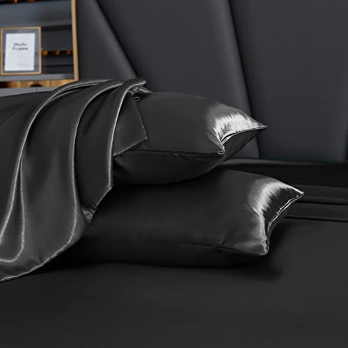 Luxury 7-Piece Black Satin Queen Bed Set