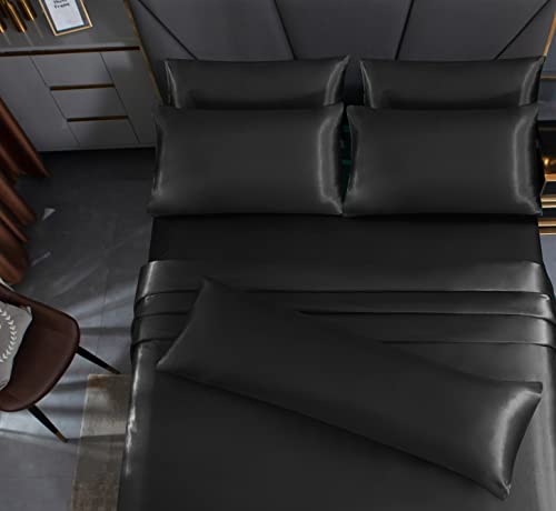 Luxury 7-Piece Black Satin Queen Bed Set