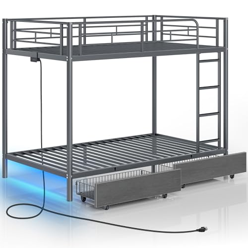 Twin Over Twin Metal Bunk Bed with USB & LED