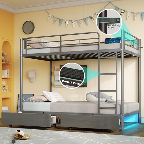 Twin Over Twin Metal Bunk Bed with USB & LED