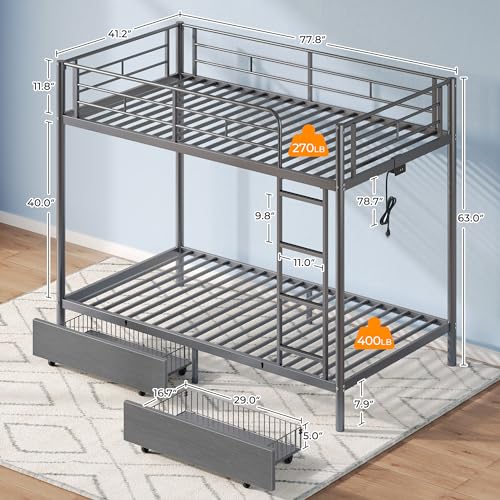 Twin Over Twin Metal Bunk Bed with USB & LED