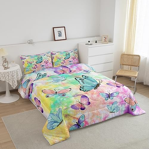 Rainbow Butterfly Tie Dye Comforter Set for Kids