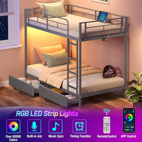 Twin Over Twin Metal Bunk Bed with USB & LED