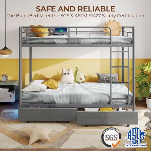 Twin Over Twin Metal Bunk Bed with USB & LED