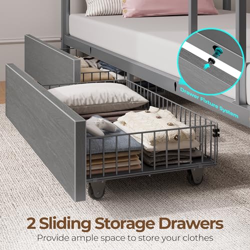 Twin Over Twin Metal Bunk Bed with USB & LED