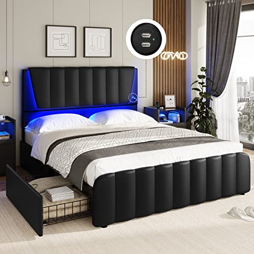 Queen Bed Frame with LED Light and Storage Drawers