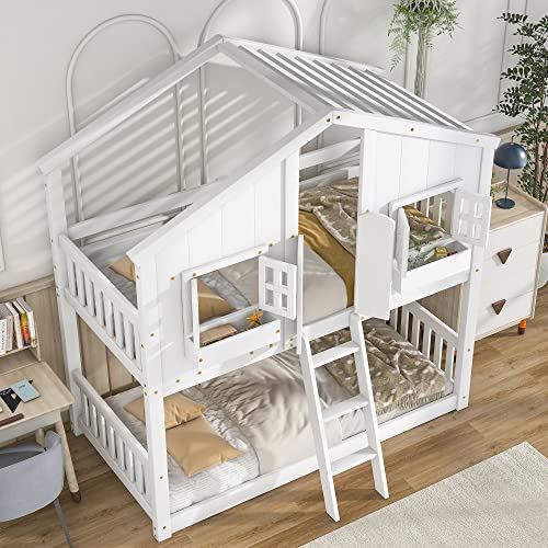 BOVZA Twin House Bunk Bed with Roof - White