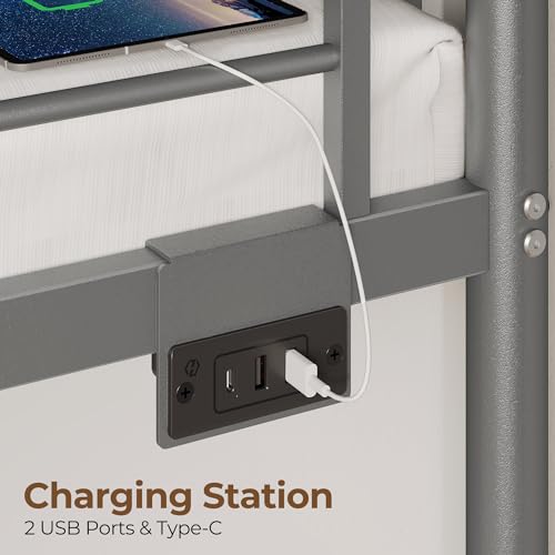 Twin Over Twin Metal Bunk Bed with USB & LED