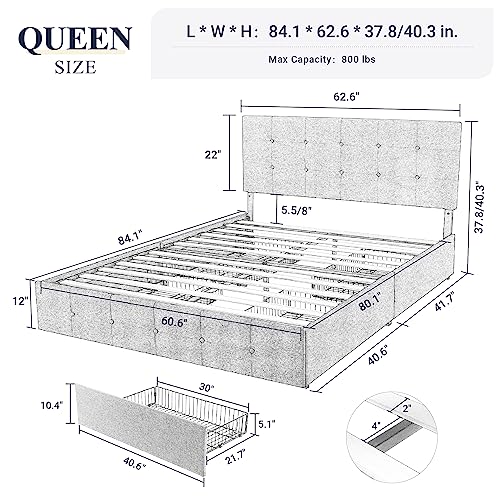 Queen Platform Bed Frame with Storage Drawers - Grey