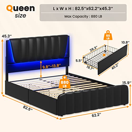 Queen Bed Frame with LED Light and Storage Drawers