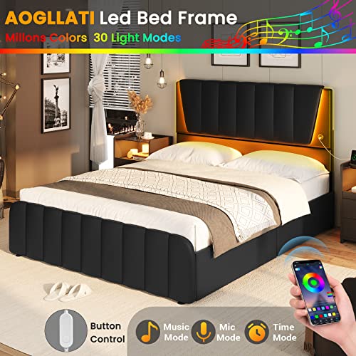Queen Bed Frame with LED Light and Storage Drawers