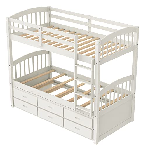 White Twin Over Twin Bunk Bed with Storage
