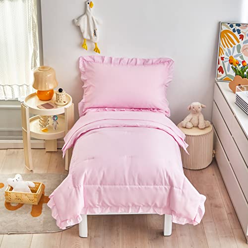 Pink Toddler Bedding Set with Ruffle Fringe
