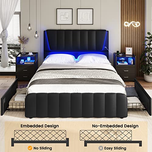 Queen Bed Frame with LED Light and Storage Drawers