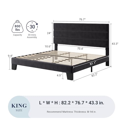 King Size Velvet Upholstered Bed Frame with Slats