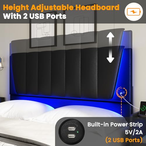 Queen Bed Frame with LED Light and Storage Drawers