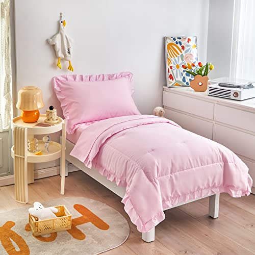 Pink Toddler Bedding Set with Ruffle Fringe
