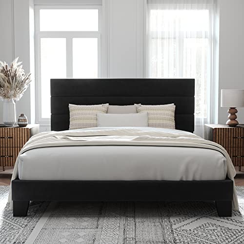 King Size Velvet Upholstered Bed Frame with Slats