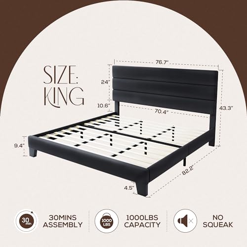 WEEWAY King Velvet Upholstered Bed Frame - Black