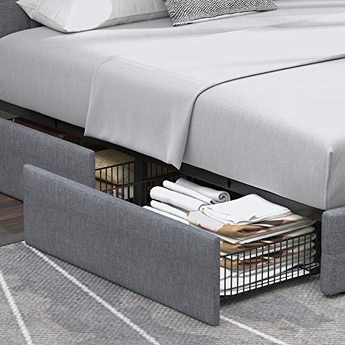 Queen Platform Bed Frame with Storage Drawers - Grey