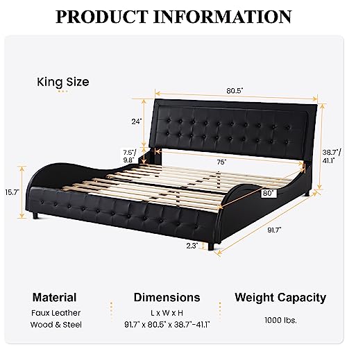 Modern Black King Size Faux Leather Bed Frame