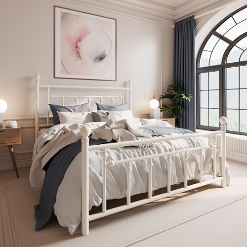 Off-White Victorian Metal Platform Bed Frame