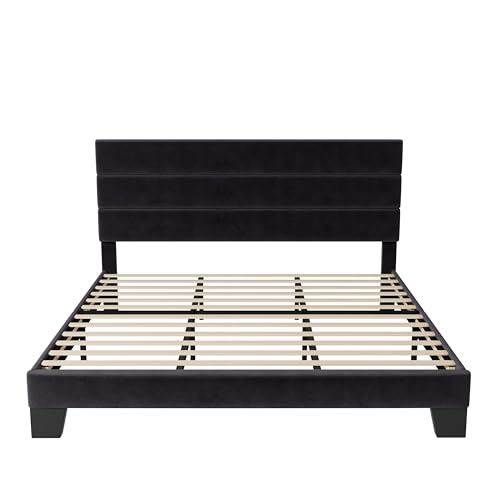 King Size Velvet Upholstered Bed Frame with Slats